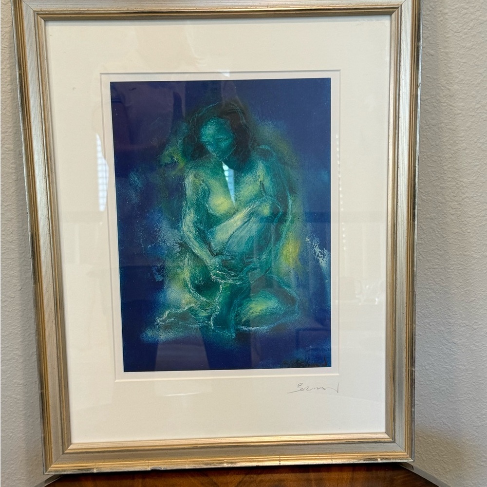 Framed Matted Abstract Titled “Green Repose” by artist M. Burman measuri…